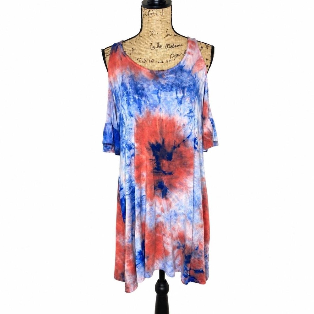 Entro Orange & Blue Tie Dye Cold Shoulder Ruffle Sleeve Mini Dress Large